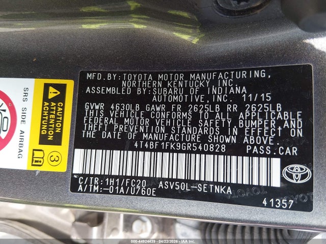 Aukcja sprzedaży 2016 Toyota Camry Le, vin: 4T4BF1FK9GR540828, numer aukcji: 44924439