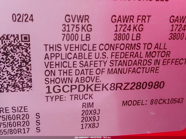 2024 Chevrolet Silverado 1500 მანქანა იყიდება აუქციონზე, vin: 1GCPDKEK8RZ280980, აუქციონის ნომერი: 44924441