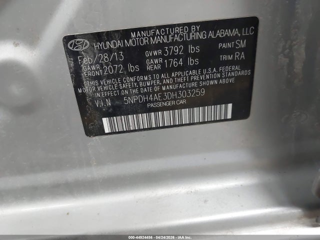 Aukcja sprzedaży 2013 Hyundai Elantra Gls, vin: 5NPDH4AE3DH303259, numer aukcji: 44924456