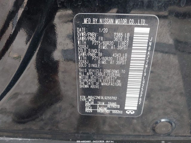 Продажа на аукционе авто 2020 Infiniti Qx80 Luxe Awd, vin: JN8AZ2NE9L9255762, номер лота: 44924461
