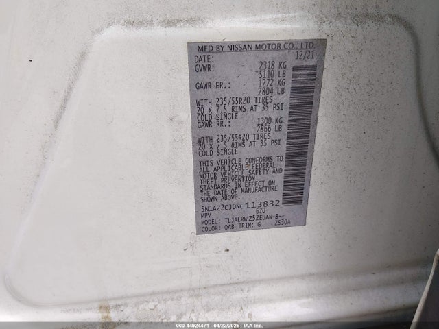 44924471 :رقم المزاد ، 5N1AZ2CJ0NC113832 vin ، 2022 Nissan Murano Sl Fwd مزاد بيع