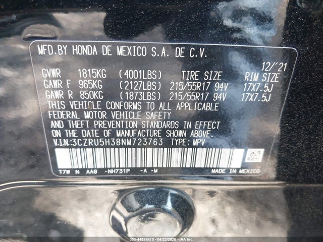 44924470 :رقم المزاد ، 3CZRU5H38NM723763 vin ، 2022 Honda Hr-v 2wd Lx مزاد بيع