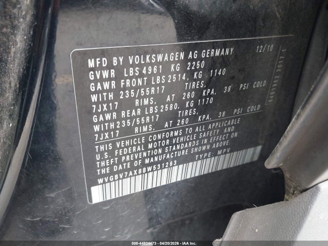 2011 Volkswagen Tiguan Se მანქანა იყიდება აუქციონზე, vin: WVGBV7AX8BW531263, აუქციონის ნომერი: 44924473
