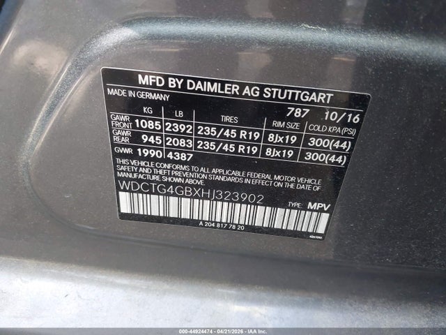 44924474 :رقم المزاد ، WDCTG4GBXHJ323902 vin ، 2017 Mercedes-benz Gla 250 4matic مزاد بيع