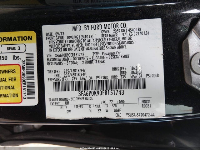 Продаж на аукціоні авто 2014 Ford Fusion Titanium, vin: 3FA6P0K90ER151743, номер лоту: 44924490