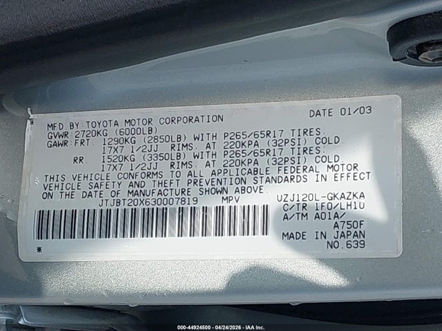 Продажа на аукционе авто 2003 Lexus Gx 470, vin: JTJBT20X630007819, номер лота: 44924500