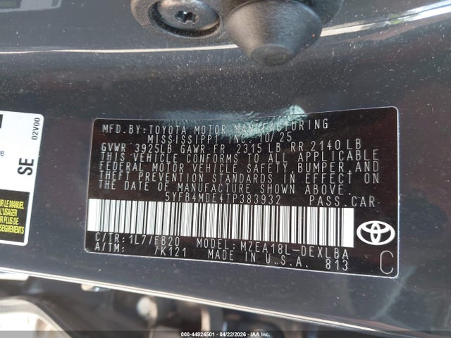 Aukcja sprzedaży 2026 Toyota Corolla Le, vin: 5YFB4MDE4TP383932, numer aukcji: 44924501