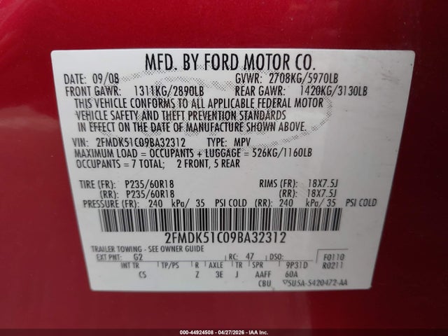 Продаж на аукціоні авто 2009 Ford Flex Se, vin: 2FMDK51C09BA32312, номер лоту: 44924508