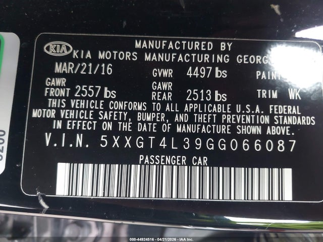 5XXGT4L39GG066087 KIA Optima Lx
