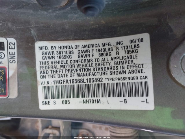 Aukcja sprzedaży 2008 Honda Civic Lx, vin: 1HGFA16568L105492, numer aukcji: 44924518