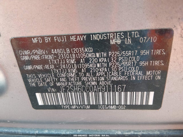 Продаж на аукціоні авто 2010 Subaru Forester 2.5x Premium, vin: JF2SH6CC0AH911167, номер лоту: 44924522
