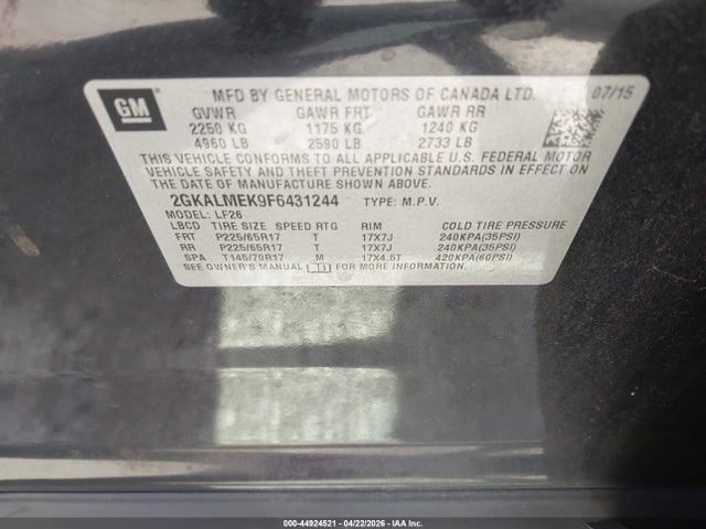 Продаж на аукціоні авто 2015 Gmc Terrain Sle-1, vin: 2GKALMEK9F6431244, номер лоту: 44924521