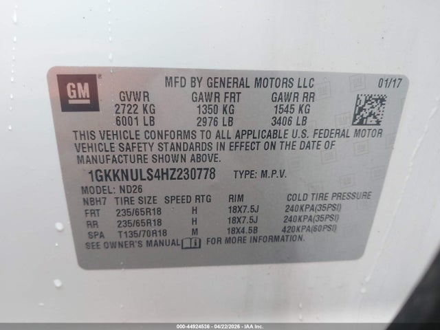Aukcja sprzedaży 2017 Gmc Acadia Slt-1, vin: 1GKKNULS4HZ230778, numer aukcji: 44924536