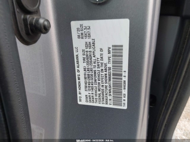 44924540 :رقم المزاد ، 5FNRL6H77MB003780 vin ، 2021 Honda Odyssey Ex-l مزاد بيع