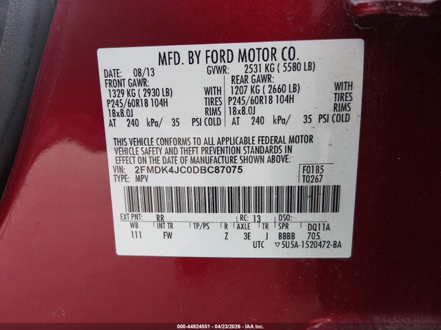 Продаж на аукціоні авто 2013 Ford Edge Sel, vin: 2FMDK4JC0DBC87075, номер лоту: 44924551