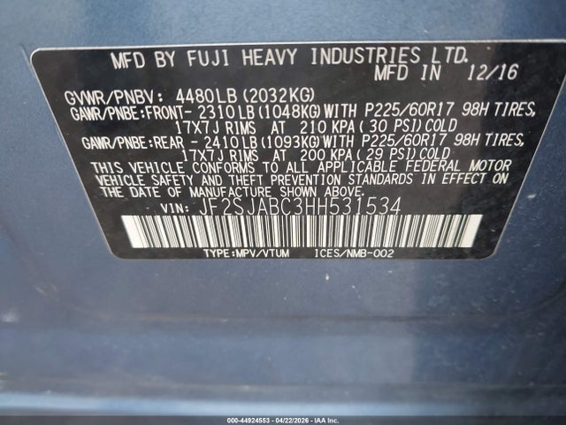 44924553 :رقم المزاد ، JF2SJABC3HH531534 vin ، 2017 Subaru Forester 2.5i مزاد بيع