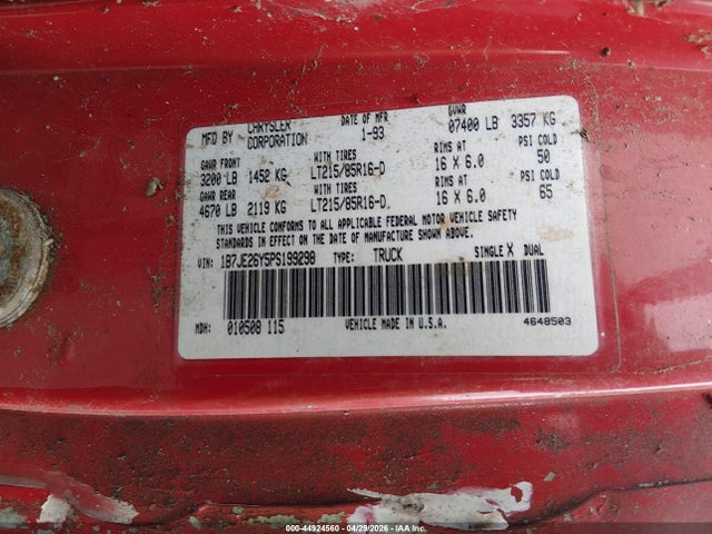 Продажа на аукционе авто 1993 Dodge D-series D200/d250, vin: 1B7JE26Y5PS199298, номер лота: 44924560