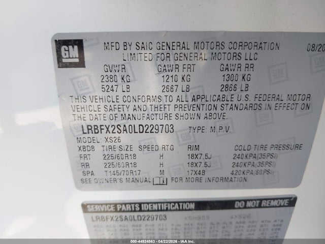 44924563 :رقم المزاد ، LRBFX2SA0LD229703 vin ، 2020 Buick Envision Awd Essence مزاد بيع