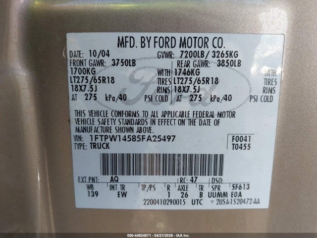 44924571 :رقم المزاد ، 1FTPW14585FA25497 vin ، 2005 Ford F-150 Fx4/lariat/xlt مزاد بيع