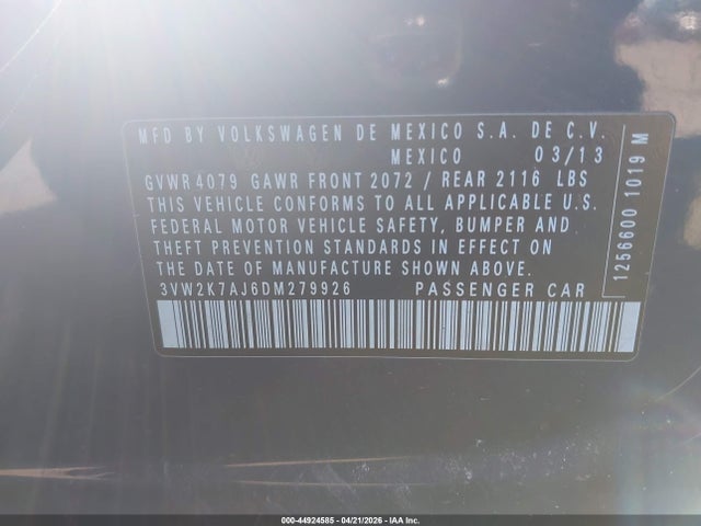 44924585 :رقم المزاد ، 3VW2K7AJ6DM279926 vin ، 2013 Volkswagen Jetta 2.0l S مزاد بيع