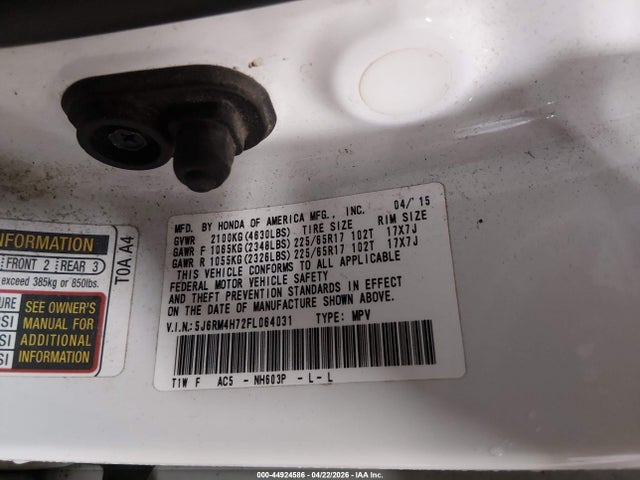 Продажа на аукционе авто 2015 Honda Cr-v Ex-l, vin: 5J6RM4H72FL064031, номер лота: 44924586