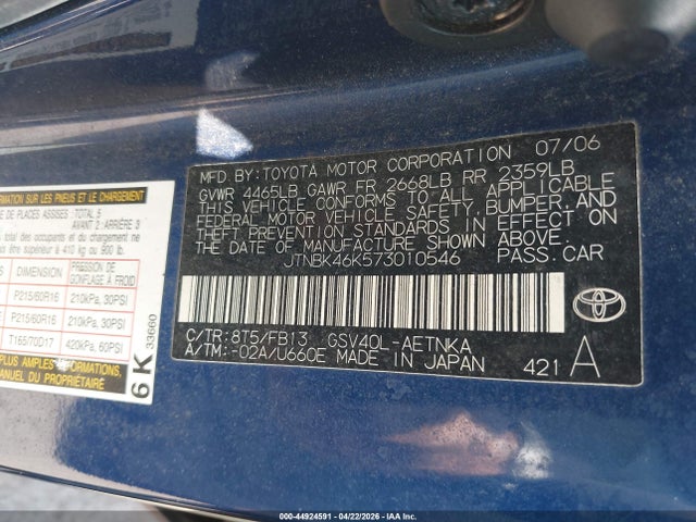Aukcja sprzedaży 2007 Toyota Camry Le V6/se V6/xle V6, vin: JTNBK46K573010546, numer aukcji: 44924591