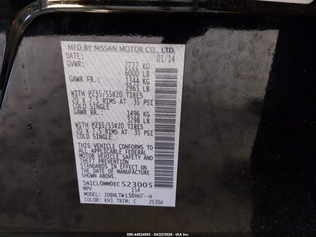 Aukcja sprzedaży 2014 Infiniti Qx60 Hybrid, vin: 5N1CL0MM0EC523005, numer aukcji: 44924593