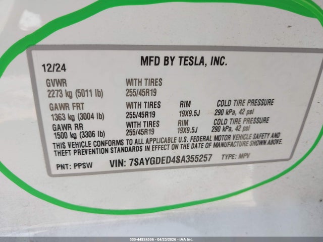Продаж на аукціоні авто 2025 Tesla Model Y Long Range Dual Motor Rear-wheel Drive, vin: 7SAYGDED4SA355257, номер лоту: 44924596