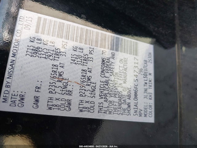 Aukcja sprzedaży 2015 Infiniti Qx60, vin: 5N1AL0MM6FC547317, numer aukcji: 44924600