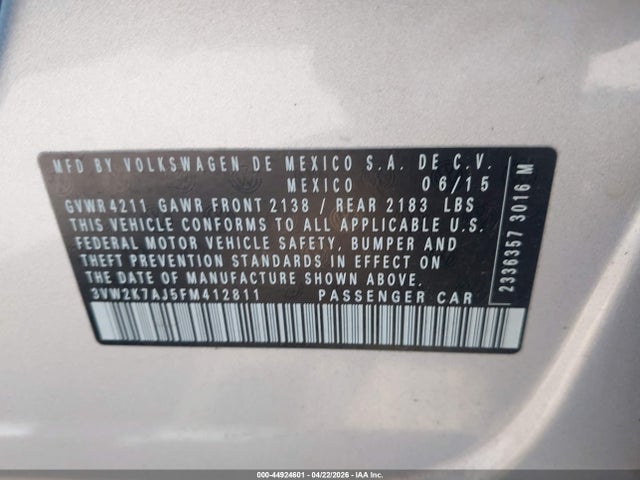 Продаж на аукціоні авто 2015 Volkswagen Jetta 2.0l S, vin: 3VW2K7AJ5FM412811, номер лоту: 44924601