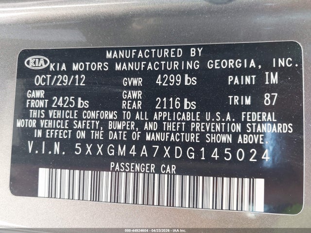 44924604 :رقم المزاد ، 5XXGM4A7XDG145024 vin ، 2013 Kia Optima Lx مزاد بيع