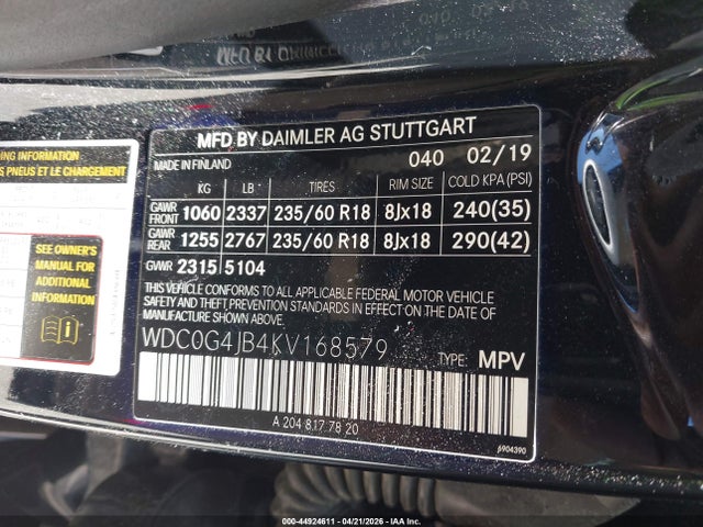 2019 Mercedes-benz Glc 300 მანქანა იყიდება აუქციონზე, vin: WDC0G4JB4KV168579, აუქციონის ნომერი: 44924611