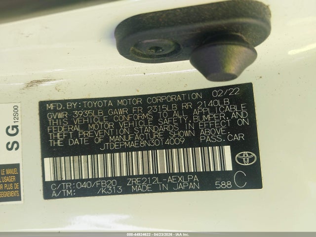 44924622 :رقم المزاد ، JTDEPMAE8N3014009 vin ، 2022 Toyota Corolla Le مزاد بيع