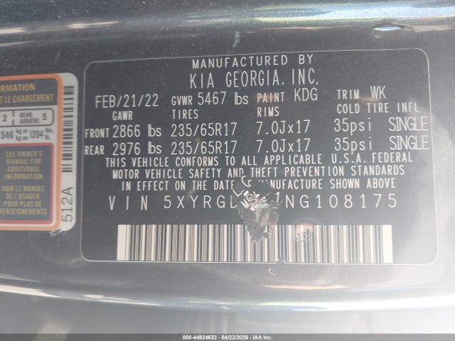 44924632 :رقم المزاد ، 5XYRGDLC1NG108175 vin ، 2022 Kia Sorento Lx مزاد بيع