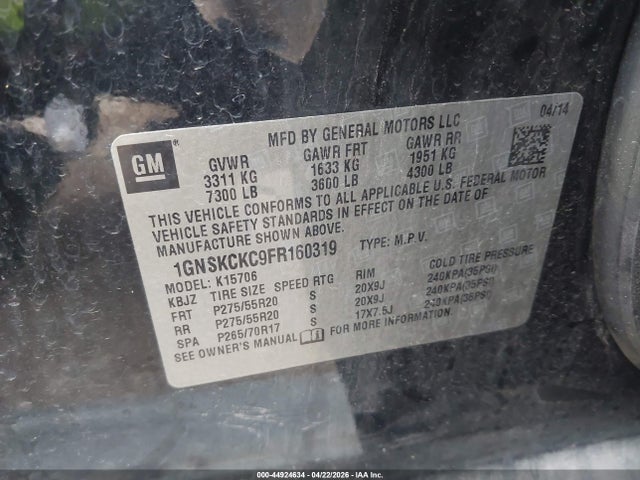 Продаж на аукціоні авто 2015 Chevrolet Tahoe Ltz, vin: 1GNSKCKC9FR160319, номер лоту: 44924634