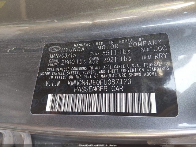 Aukcja sprzedaży 2015 Hyundai Genesis 3.8, vin: KMHGN4JE0FU087123, numer aukcji: 44924639