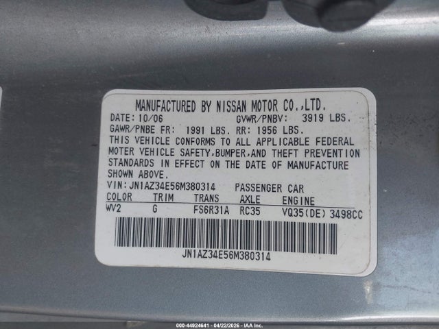 44924641 :رقم المزاد ، JN1AZ34E56M380314 vin ، 2006 Nissan 350z Grand Touring مزاد بيع