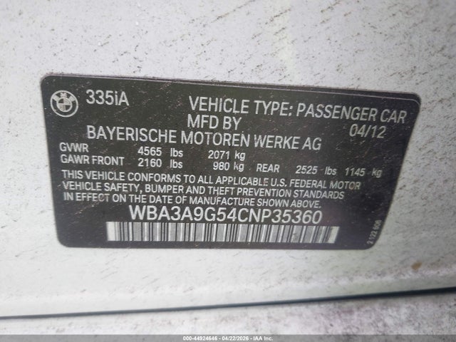 Aukcja sprzedaży 2012 Bmw 335i, vin: WBA3A9G54CNP35360, numer aukcji: 44924646