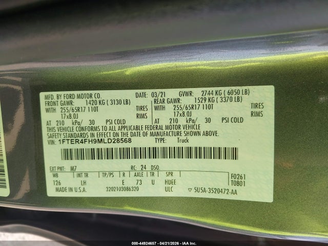 44924657 :رقم المزاد ، 1FTER4FH9MLD28568 vin ، 2021 Ford Ranger Xl مزاد بيع