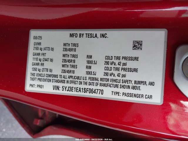 Aukcja sprzedaży 2025 Tesla Model 3 Long Range Rear-wheel Drive/standard Rear-wheel Drive, vin: 5YJ3E1EA1SF064770, numer aukcji: 44924660