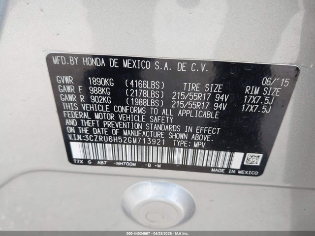 2016 Honda Hr-v Ex მანქანა იყიდება აუქციონზე, vin: 3CZRU6H52GM713921, აუქციონის ნომერი: 44924667