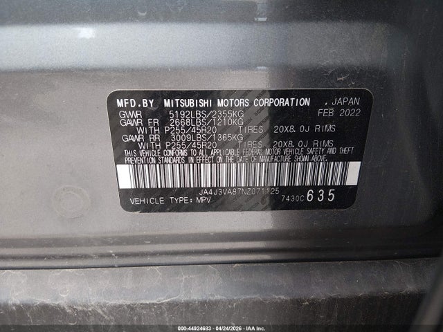 Aukcja sprzedaży 2022 Mitsubishi Outlander Sel 2.5 2wd/sel Special Edition 2wd, vin: JA4J3VA87NZ071125, numer aukcji: 44924683