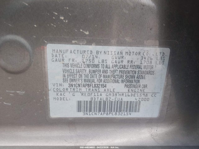 44924693 :رقم المزاد ، 3N1CN7AP8FL832154 vin ، 2015 Nissan Versa 1.6 Sv مزاد بيع
