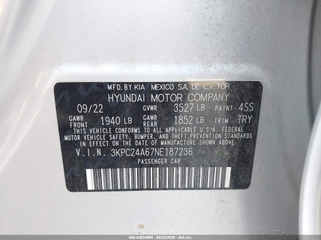 2022 Hyundai Accent Se მანქანა იყიდება აუქციონზე, vin: 3KPC24A67NE187236, აუქციონის ნომერი: 44924695