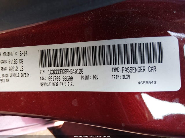 44924697 :رقم المزاد ، 1C3CCCEG8FN540126 vin ، 2015 Chrysler 200 C مزاد بيع