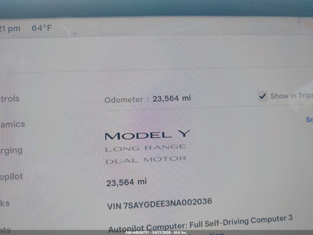 44924701 :رقم المزاد ، 7SAYGDEE3NA002036 vin ، 2022 Tesla Model Y Long Range Dual Motor All-wheel Drive مزاد بيع