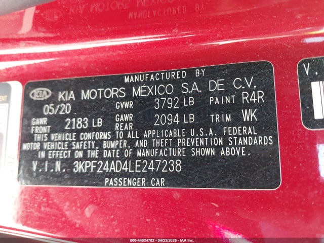 Aukcja sprzedaży 2020 Kia Forte Lxs, vin: 3KPF24AD4LE247238, numer aukcji: 44924702