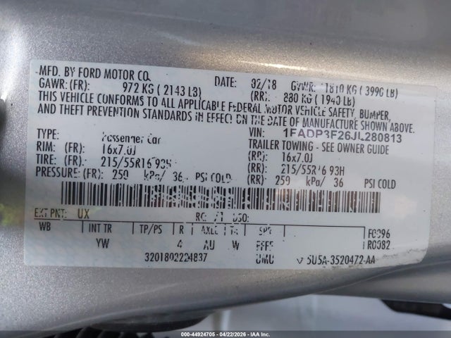 Aukcja sprzedaży 2018 Ford Focus Se, vin: 1FADP3F26JL280813, numer aukcji: 44924705