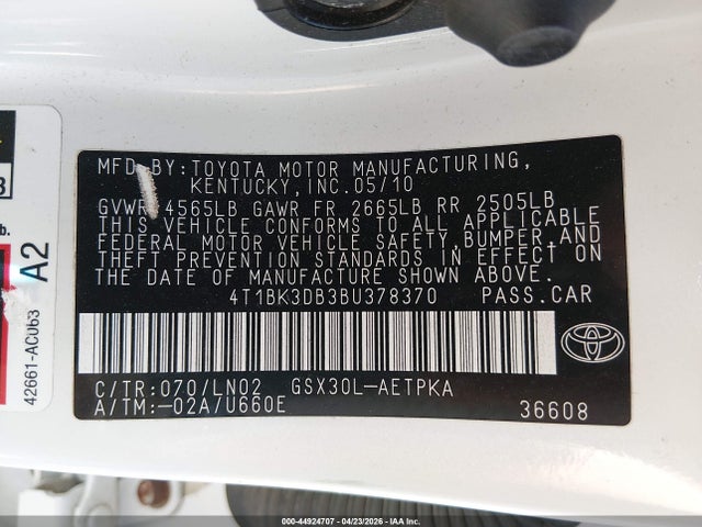 2011 Toyota Avalon Limited მანქანა იყიდება აუქციონზე, vin: 4T1BK3DB3BU378370, აუქციონის ნომერი: 44924707