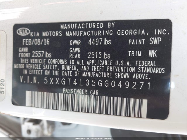 5XXGT4L35GG049271 KIA Optima Lx